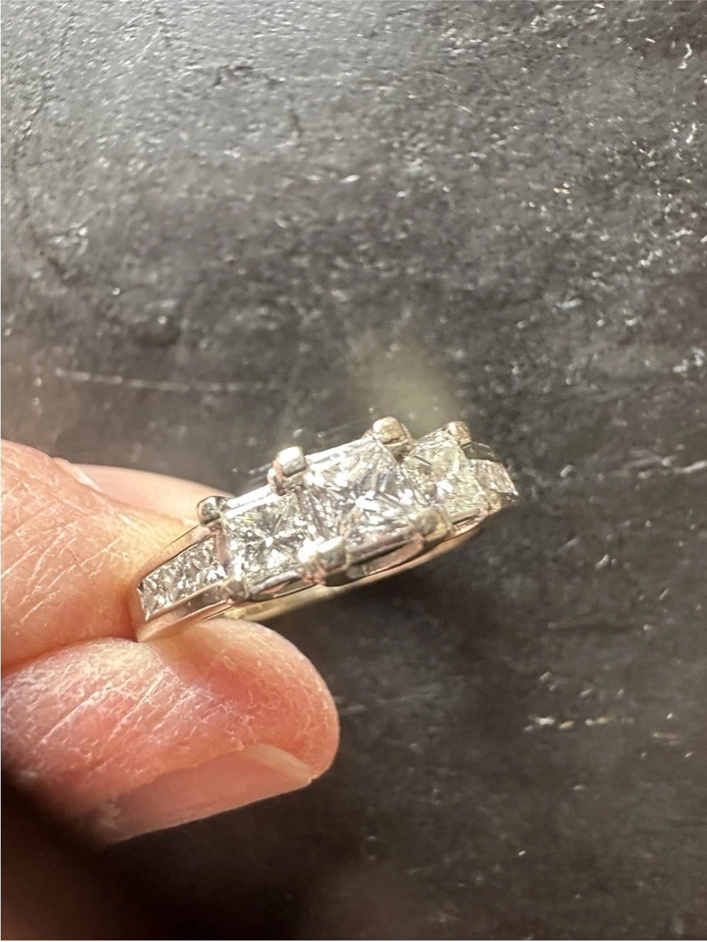 Classic Three-Stone Diamond Princess cut with side stones14 k white Gold Ring .